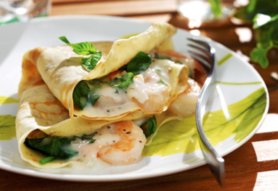 Crepas rellenas de Camarones, Espinacas y Hierbas